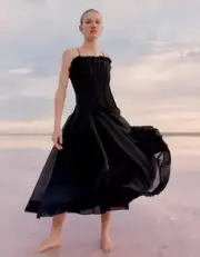 Aje Horizon AU 6 US 2 Pintucked Midi Dress Black P Cocktail Wedding BNWT RRP$625