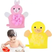 Gjinxi 2 Pcs Bath Mitt Washcloths Gloves, Cute Cartoon Exfoliating Glove Body Scrubber, Gentle Soft Scrub Bath Loofahs Sponges for Kids Shower Washing (Pink Rabbit and Yellow Duck)