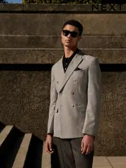 Grey Linen Blend Texture Double Breasted Suit Jacket (AG5787) | $162