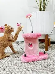 Cattitude Pounce N Play Cat Scratch Post BusyBee Pink, Pink, 35cm Height - Cat House, Spring-Loaded Teaser, Soft Plush Material