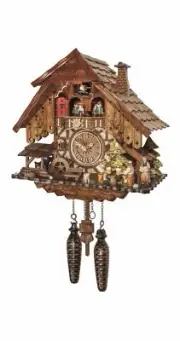Quartz Cuckoo Clock Black forest house with music and dancers.. EN 48717 QMT NEW