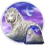 Wild Animal Paintings White Tiger Purplish Lake Round Beach Towel