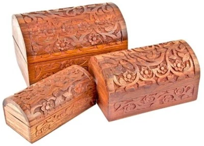Half Round Carved Wooden Chest Boxes 3PC Set