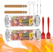 Welhammsae 2 Pcs BBQ Grill Basket, BBQ Accessories, Stainless Steel Grill Basket, Nesting Rolling Grill Basket Set with Removeable Wooden Handle, Oil Brushes, Forks, Hooks, 21 x 9 cm, 31 x 10 cm
