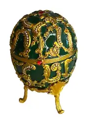 Green Enamel decorated egg with gold scrolls & gold legs Hamilton 4" tall Curio