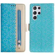 All-round Protection Lace Leather Case Zipper Wallet Stand Phone Cover With Bowknot Strap For Samsung Galaxy S22 Ultra 5g - Blue