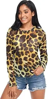 [ODAWA] Leopard Print Long Sleeve Sheer Blouse Mesh Crop Tops Soft Silky Tee Top for Women