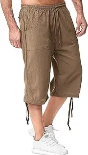 [JEShifangjiusu] Men's Causual 3/4 Long Cotton Shorts Drawstring Elastic Waist Cargo Straight Shorts Wide Leg Baggy Pants, Coffee B1, M