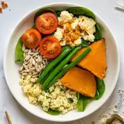 Keto Vitality Salad Roast Pumpkin and Cauliflower Salad with Spinach, Green Beans and Crumbled Feta Cheese