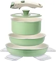 M MELENTA Pots and Pans Set Non Stick, 8pcs Ceramic Cookware Set Removable Handle, Detachable Handle Pot and Pan Set, Batterie De Cuisine Induction Cookware, Oven Safe RV Cooking Pot Set, Green