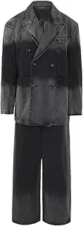 [Generic] Women's Plus Size Denim Double Breasted Jacket Wide Leg Pants Two-Piece Set with Collar and Gradient Cut Denim Long Sleeved Suit