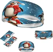 FJWSLCH Christmas Funny Penguins Headbands for Women Men Non Slip Workout Sweatbands Adjustable Sports Hair Bands Elastic Head Bands Moisture Wicking Hairband for Running, Cycling, Yoga, Spa