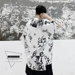 【H.BANDWAGON】個性oversize抽象塗鴉印花寬鬆短袖棉麻t恤上衣