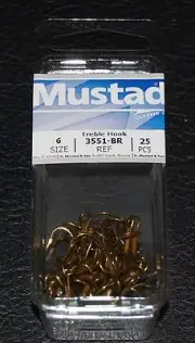 25 Pack Mustad 3551-06 Size 6 Bronze Ringed Style Treble Hook Hooks