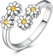 [Jinlou] 925 Sterling Silver Dainty Daisy Rings Flower Finger Rings For Women Love Promise Band Sunflower Adjustable Thumb Rings For Women