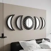 WAKOSAN Wall Mirror, Moon Phase Mirror Set, Wall Decor for Bedroom, Bohemian 5PCS Wooden and Real Glass Mirror with Crystal Clear Reflection, Gothic Decor, Multi-Angle Installation (black)