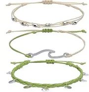 [Ynhssrfwvr] Bohemian Style Wax Woven Wave Bracelet and Anklet Set, Women's Three-Piece Adjustable Jewelry