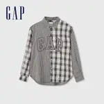 GAP 男裝 LOGO純棉刺繡翻領長袖襯衫-黑色(635882)