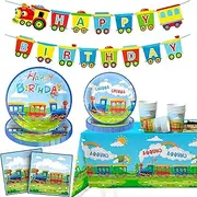 Train Birthday Party Supplies,16 guests Train Party Decorations Tableware Set - Train Plates and Cups Napkins & Train Birthday Banner Tablecloth etc Train Themed Tableware for Boys/Girls Kids