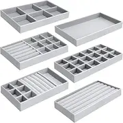 [Ljxyloog] 6 Pcs Jewellery Tray, Stackable Storage Drawers, Velvet Earring Jewelry Tray, Ring Holder Necklace Case, Storage for Bracelet Brooch Watch(Grey)