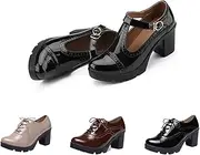 [Generic] Women's Leather T-Strap Platform Oxfords - Mid Chunky Heel, Comfortable Round Toe, British Style Buckle High Heels