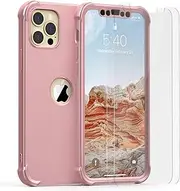 ORETech Designed for iPhone 12 Pro Max Case with 2 x Tempered Glass Screen Protector Shockproof Protection Cover 360°Heavy Duty Hard PC Silicone Case for iPhone 12 Pro Max-6.7''Pink