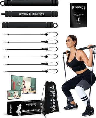 Breaking Limits Pilates Bar Set - Length-Adjustable Exercise Bar with 6 Resis...