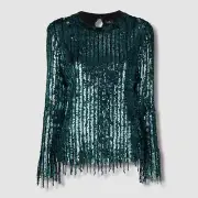 $3170 Etro Women's Green Wool & Silk Sequined Fringed Blouse Top Size IT 40/US 4