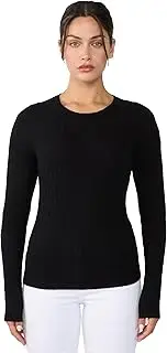 [JENNIE LIU] Women's 100% Cashmere Cable-Knit Long Sleeve Pullover Crew Neck Sweater, Black, Medium