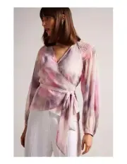 TED BAKER Emiliah Floral Balloon Sleeve Chiffon Pink Wrap Blouse Size TB 2 US 6