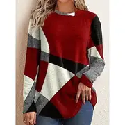 Women's T Shirt Long Sleeve Argyle Pattern Cozy Plush Pullover Red Black Gray White Round Neck Casual Elegant Warm Autumn Winter Clothing Apparel