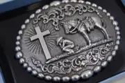 Nocona Western Belt Buckle Cowboy Man at Cross Praying Silver 37374