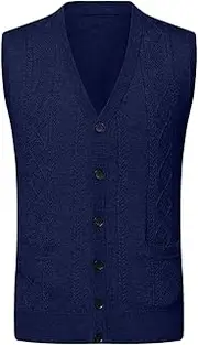 [Generic] Sweater Vest for Men Cable Knit Button Up Business Casual Cardigan Sweater V Neck Sleeveless Jumper Tops with Pocket