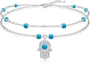 [Talonior] Anklets for Women S925 Sterling Silver Hand of Fatima Charm Dainty Evil Eye Hamsa Hand Anklet Adjustable Layered Bracelet Turquoise Jewelry Mothers Day Gifts for Mom, Medium, Sterling Silver