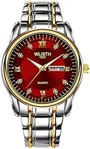 [zolyet] WLISTH S506 Multifunctional Men Wrist Watch with Luminous/Dual-calendar Display Stylish Elega Busin Casual Watch 30M Analog Watch with Steel Strap Red & Gold