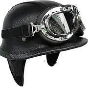 Motorcycle Half Helmet Retro Leather Open Face Helmet ECE/DOT Approved Open Face Helmet with Goggles Scooter Moped Motorcycle Crash Helmet