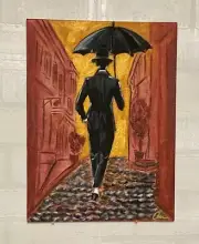 "Stroll in the Rain" - Original Acrylic Painting on Canvas Panel 9x12 (W/O Frame
