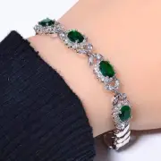 Tsavorite, Cubic Zirconia Gemstone 925 Sterling Silver Tennis Bracelet 7.99" B72