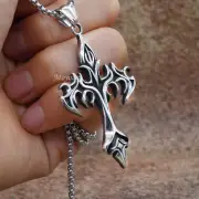 Stainless Steel Mens Gothic Alchemy Fire Cross Pendant Necklace For Men Gift