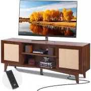 VEVOR Rattan TV Stand for 75" TV Boho TV Stand with Build-in Socket Walnut