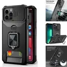 Shockproof iPhone 13 Pro Max 6.7" Armor Card Holder Case with Slide Lens Cover