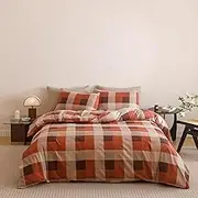 Wellboo Red Plaid Comforter Sets King Size Taupe and Orange Grid Bedding Comforters Modern Minimalist Checkered Quilt Blankets Women Men Beige Checkerboard Bedding Soft Luxurious Brown Geometric Bed