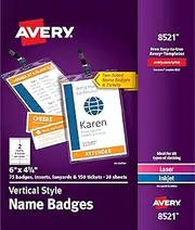 Avery Customizable Name Badges, 6" x 4.25", Printable Name Tag Inserts with Tickets, 75 Vertical Name Tag Holders with Lanyards (8521)