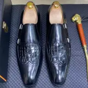 Men's Fashion British Pointy Toe Buckle Strap Textured Party Leather Dress Shoes