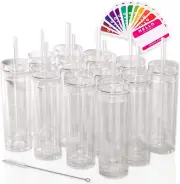 12-Pack 16oz Clear Skinny Tumblers with Lid and Straw: Double Wall Acrylic Cups