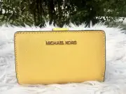 Michael Kors Jet Set Travel Wallet Golden Yellow Small Zip Card Case Leather