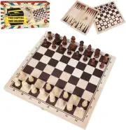 Wooden Chess, Checker, and Backgammon 3 in 1 Board Game Set,Classic Traditional