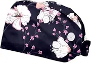 [WOSHJIUK] Working Hat 2 Pack Scrub Caps for Women,Pink Floral Cherry Blossom,Tie Back Cap Adjustable Scrub Hat