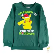 Pokemon Christmas Sweatshirt Kids Medium Green Nintendo Pikachu Pullover NWT