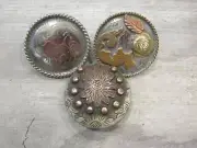 Lot of 3 Conchos Rosettes Bridle Cowperson Tack Silver